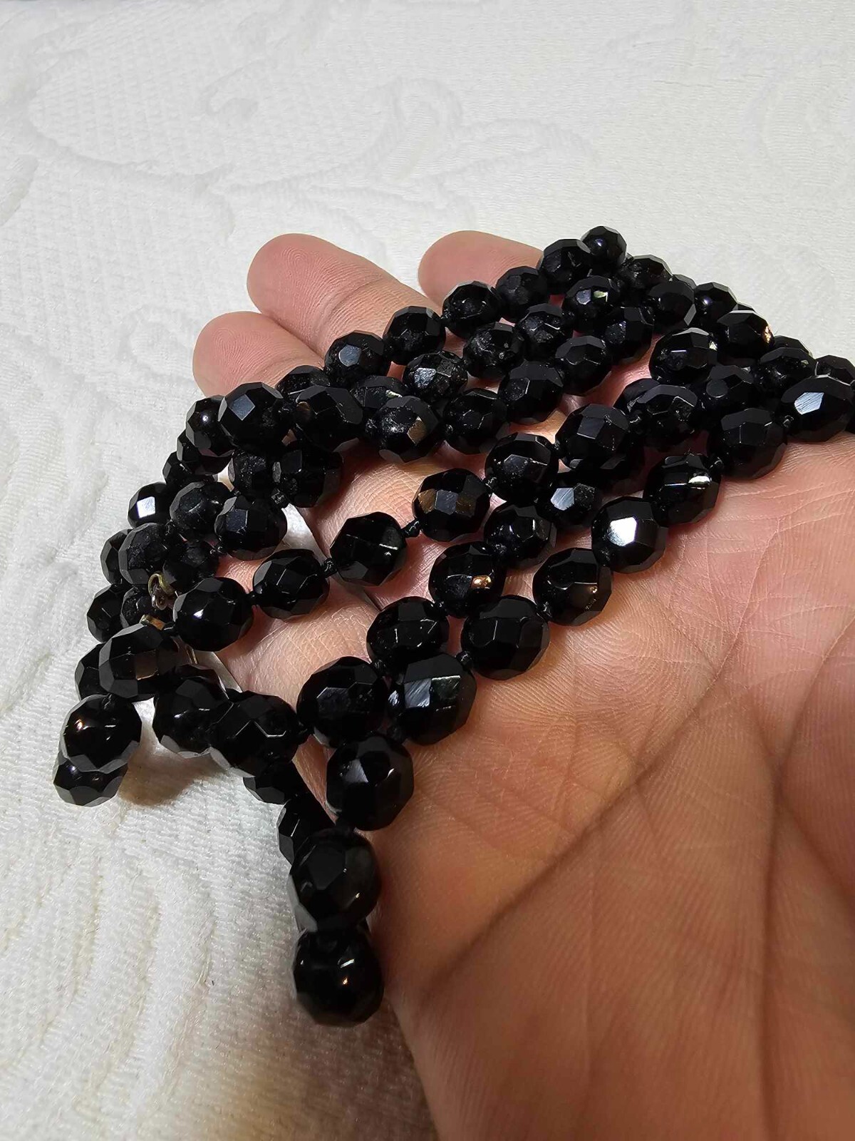 Vtg Jet Black Cut Beads Glass Necklace 37in” long