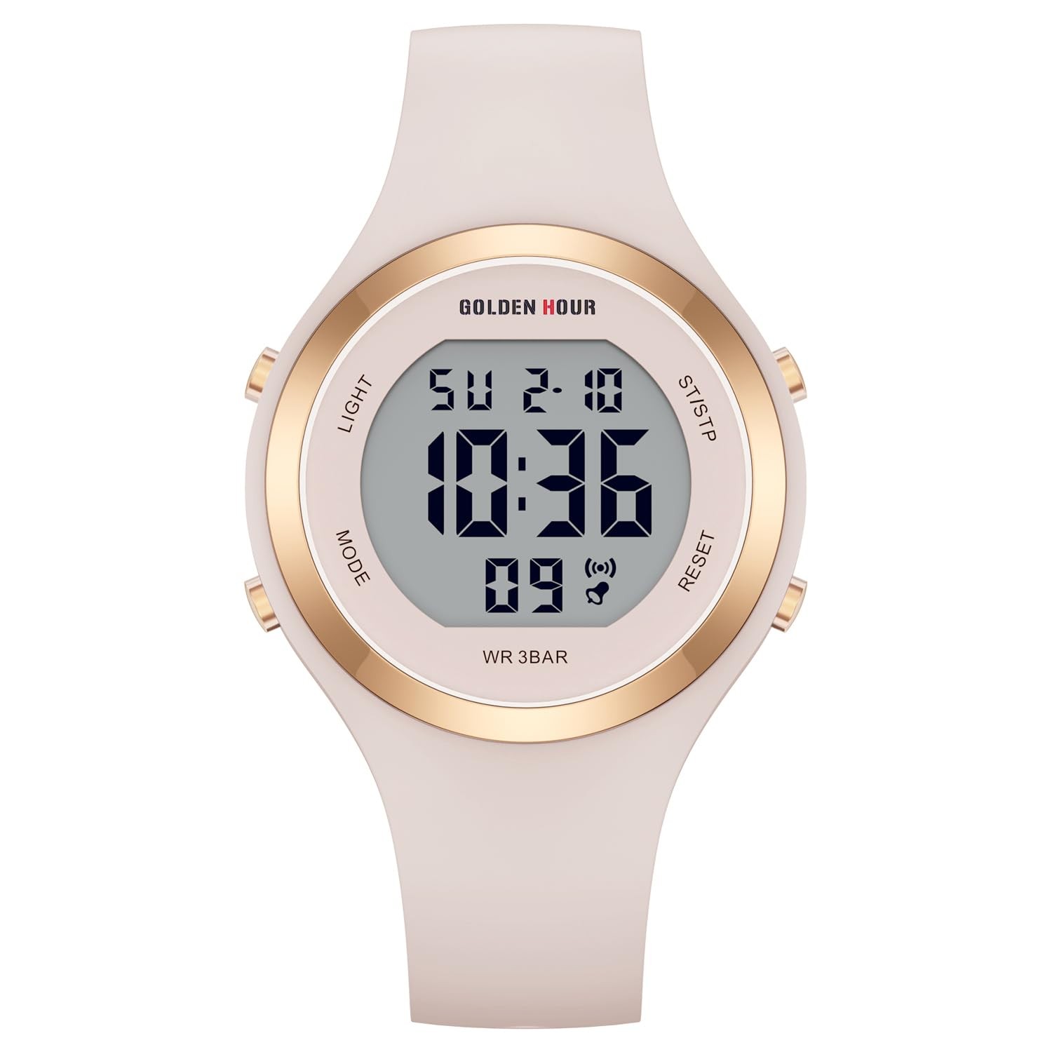 Digital Chronograph Watch Women 38mm Rose Gold Waterproof Silicone Strap Alarm