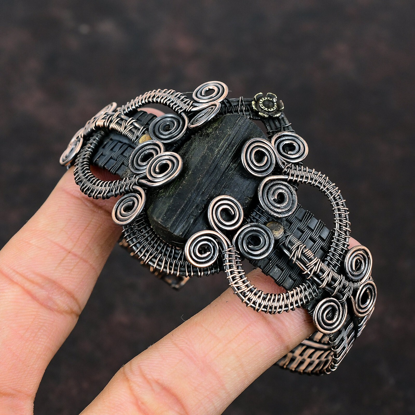 Black Tourmaline Rough Wire Wrapped Adjustable Cuff Handcrafted Copper Ethnic