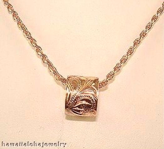 6MM HAWAIIAN 14K ROSE GOLD HAND ENGRAVED QUEEN EMMA SCROLLS BARREL SLIDE PENDANT