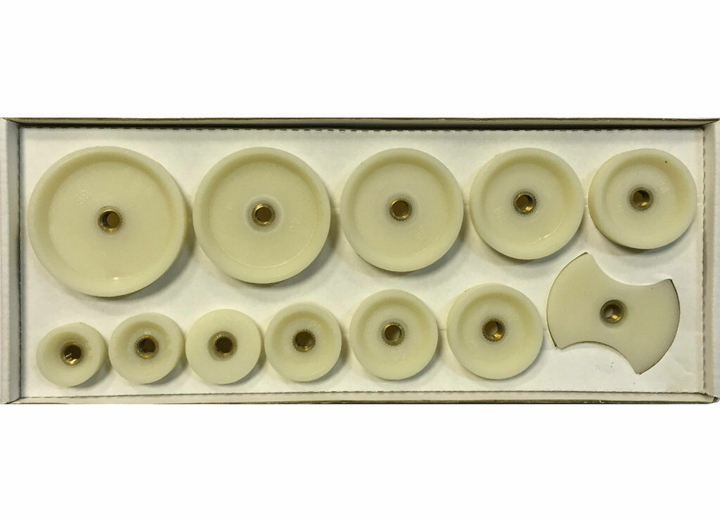 Series of 12 plastic derlin plugs screw rings and curved glass ø max 50 mm