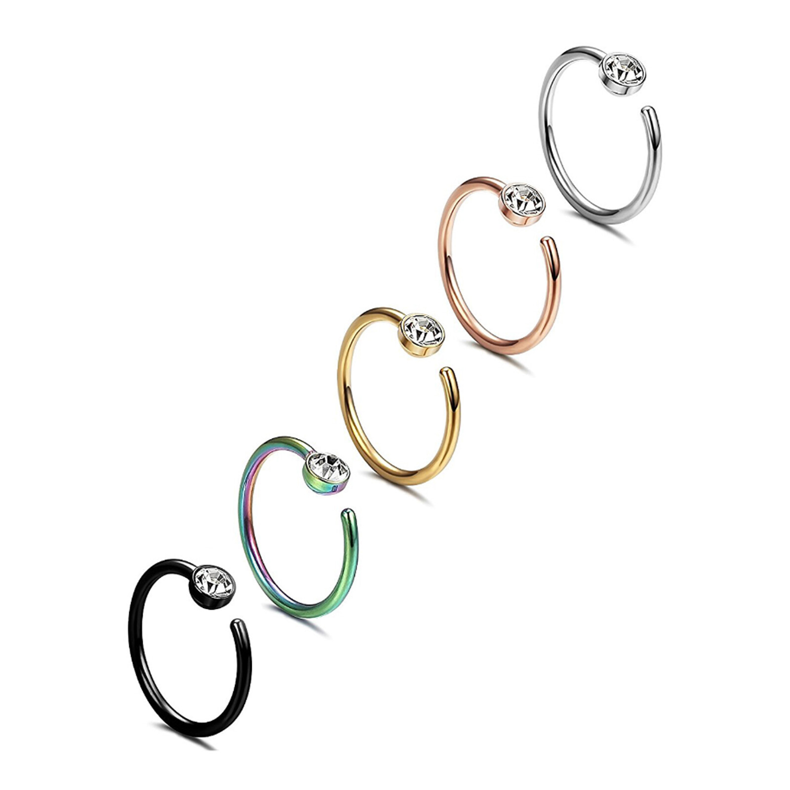 50Pcs CZ Gem Nose Ring Hoop Surgical Steel 18G Tiny Cartilage Piercing Earrings