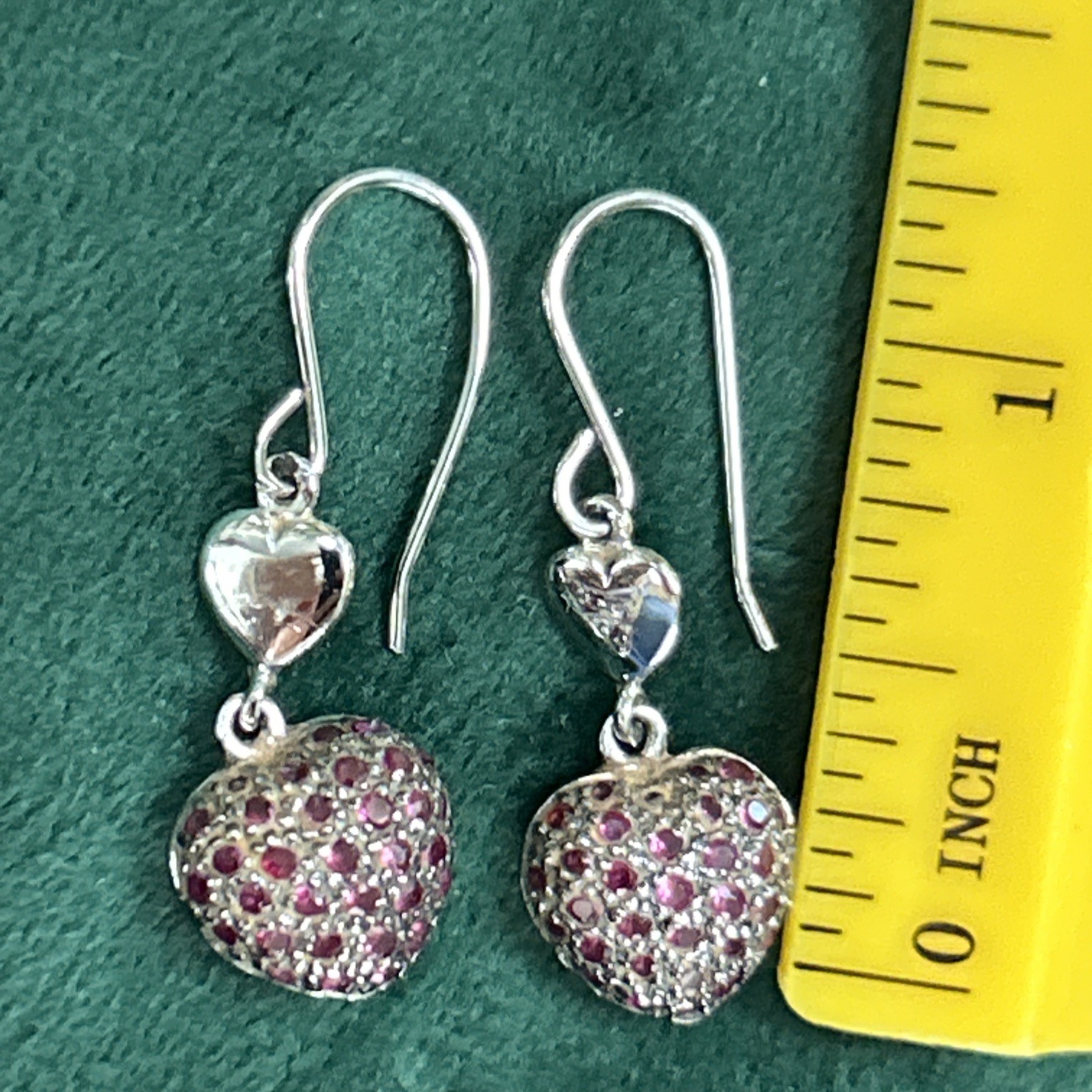 VTG OTC 925 Sterling Silver lab created Ruby Puffy Heart Pave Earrings 1.25” 4g