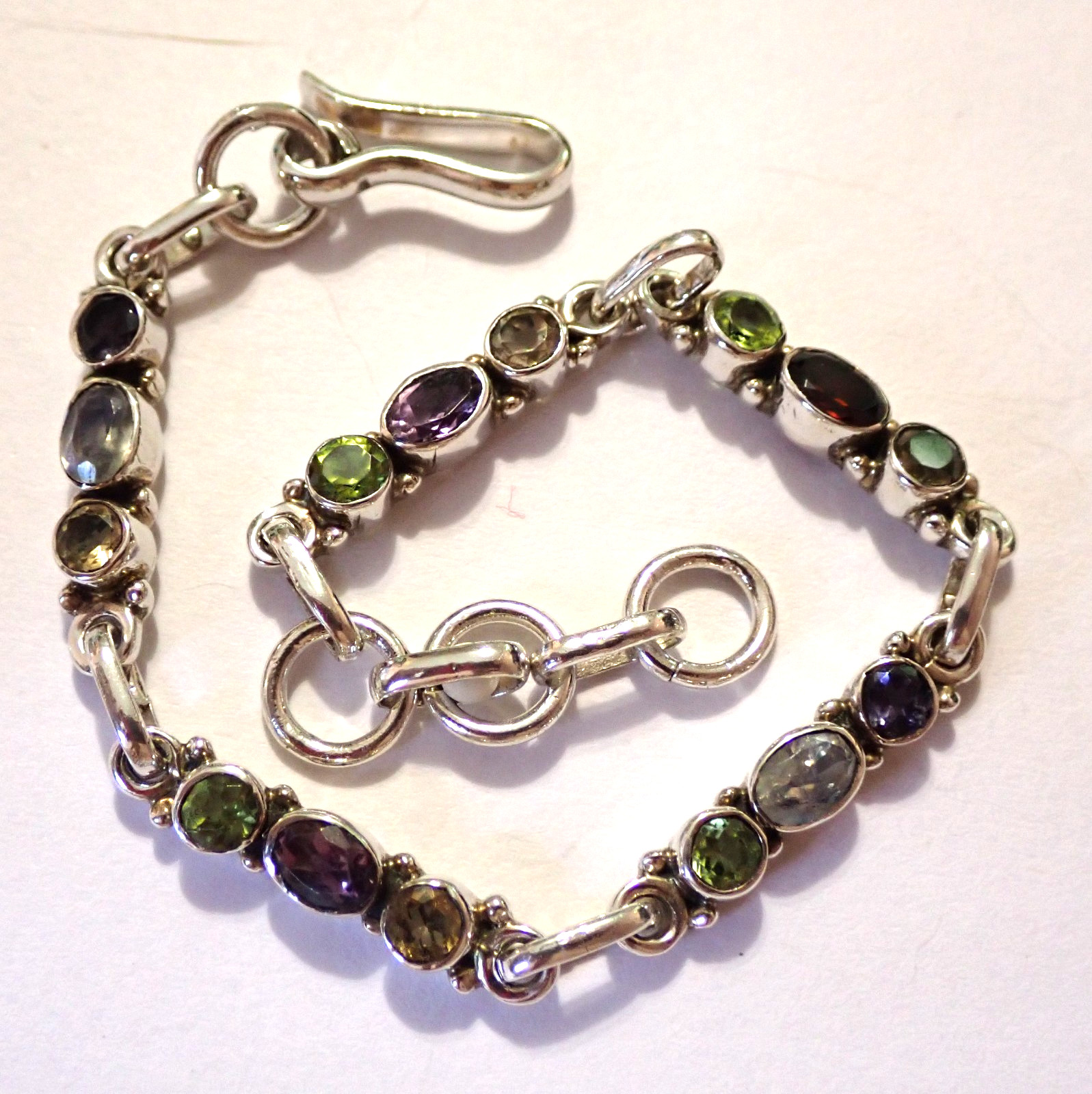 Multi-Stone Bracelet Peridot Amethyst Garnet Sterling Silver Hook 7.75″ 11.7g