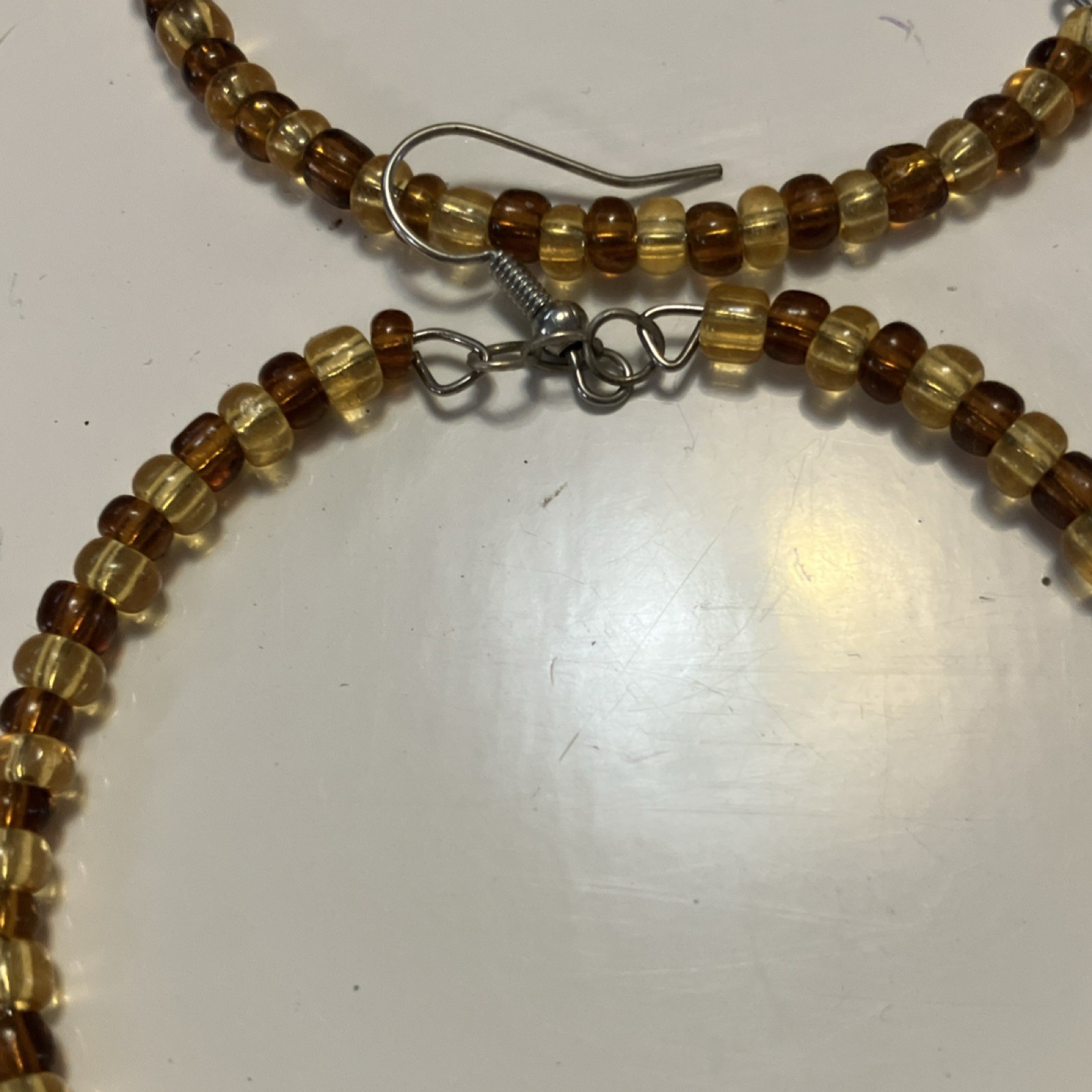 Handcrafted Artisan Beaded Glass Hoop Earrings Brown Blue White Round Hook Lobe