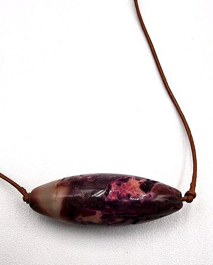 Purple Stone Baguette Pendant Necklace Leather Cord Boho Beachy Artisan Handmade