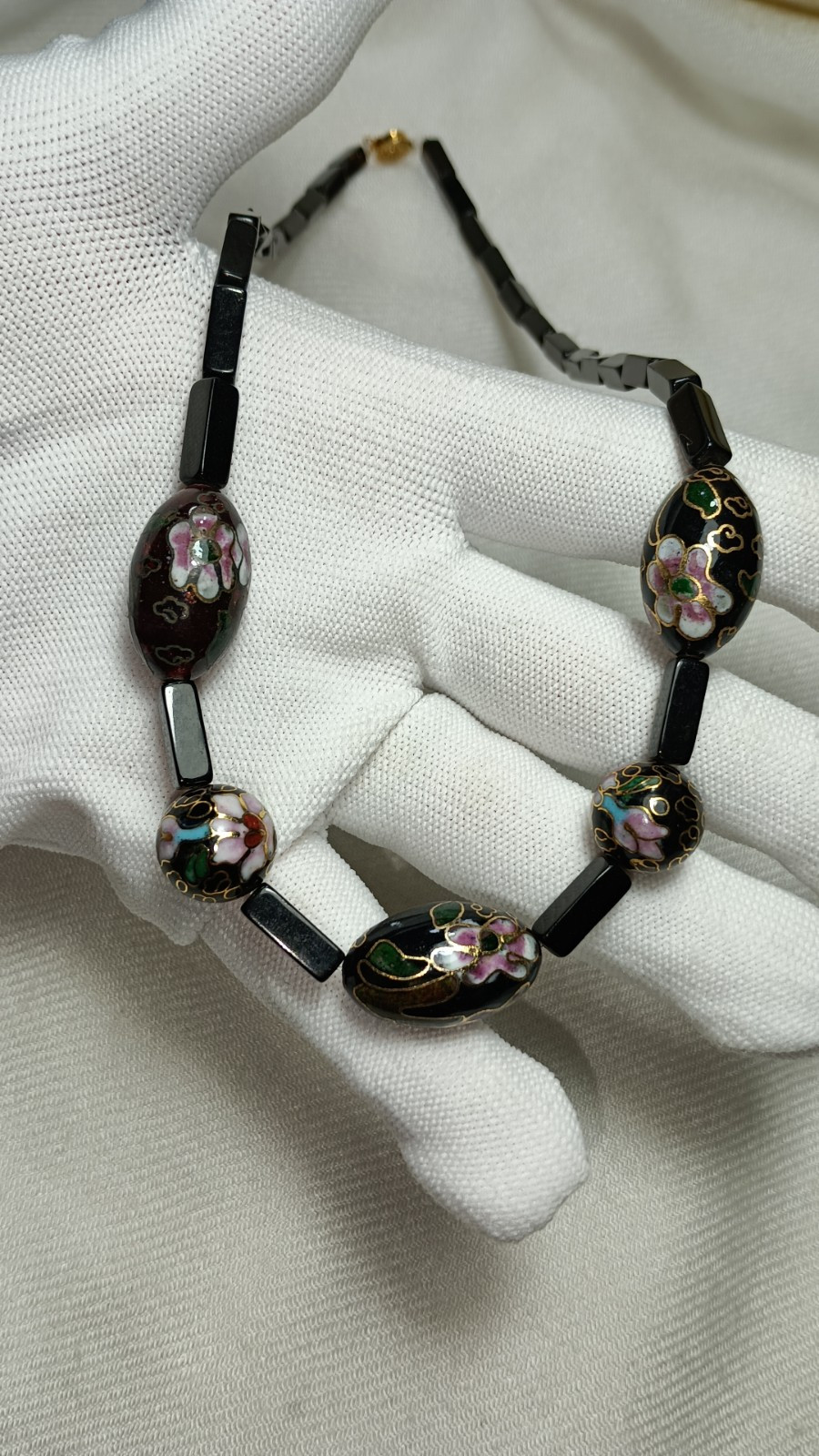 Vintage Black Onyx Cloisonne Beads Beaded Necklace 20 In ➡️ DESCRIPTION