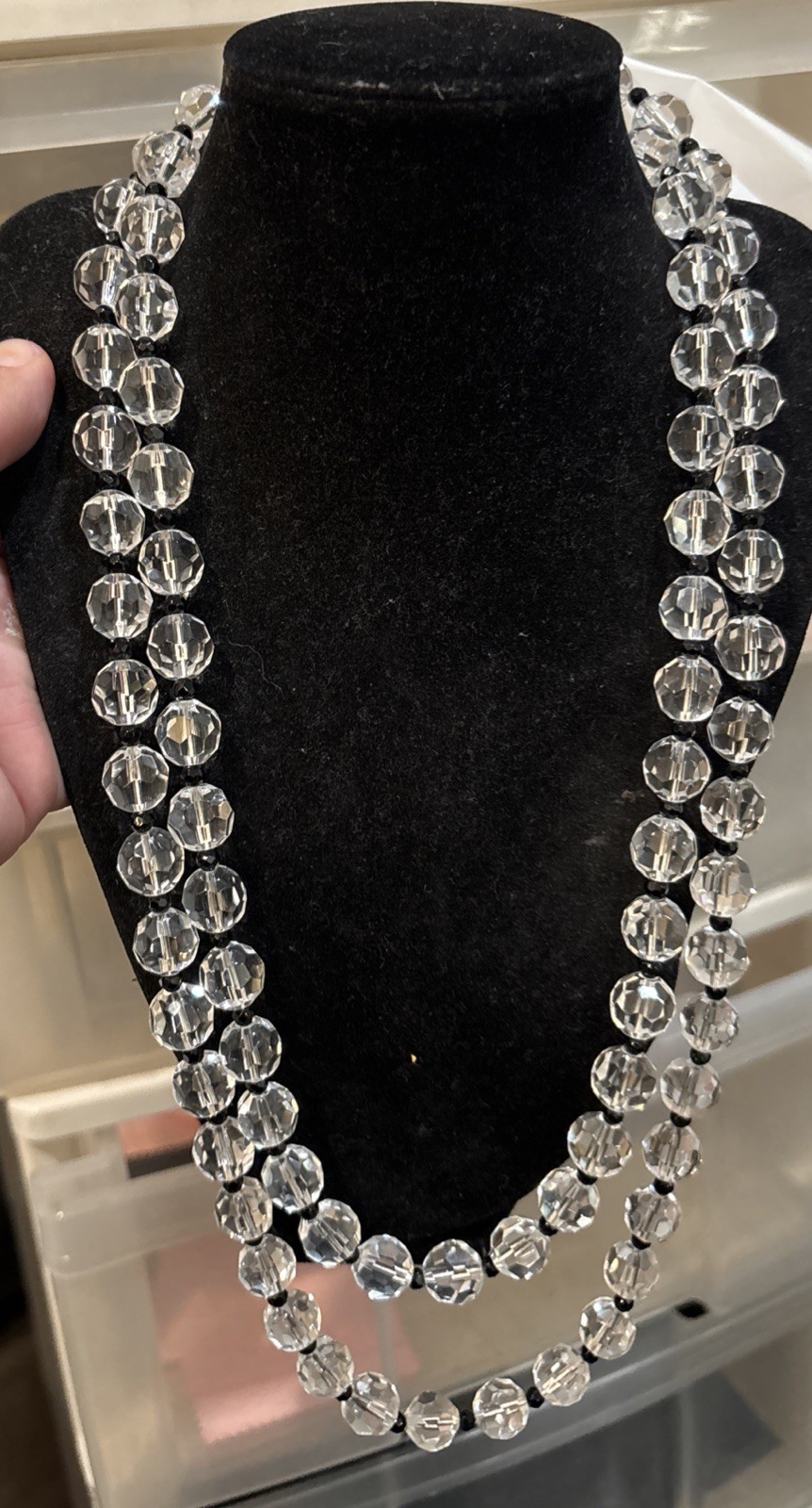 Breathtaking Clear Black Crystal Bead Long Necklace Quality Unsigned 52”!!