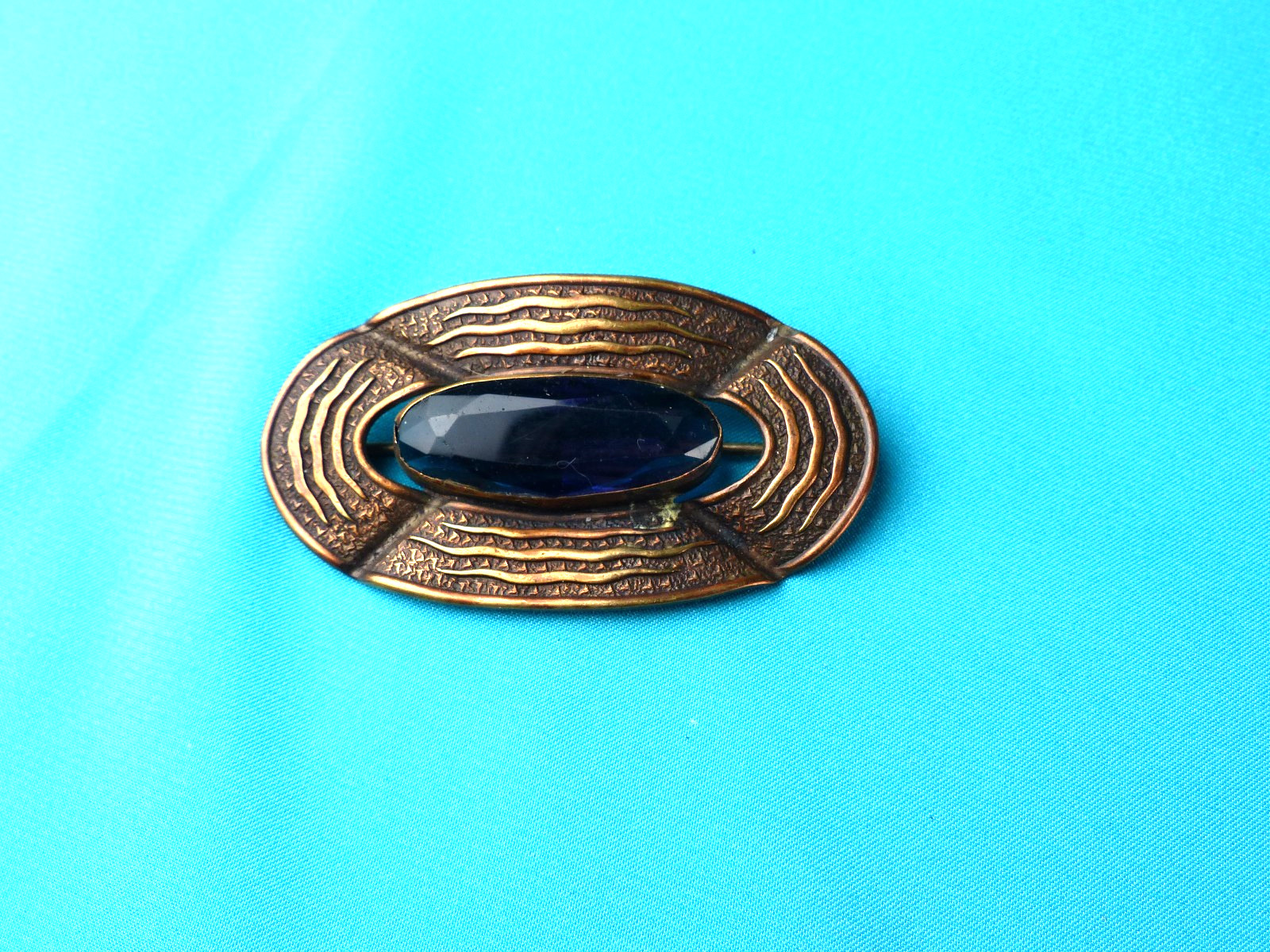 Vintage Arts and Crafts or Art Deco Brass or Copper with Amethyst Jewel Pin