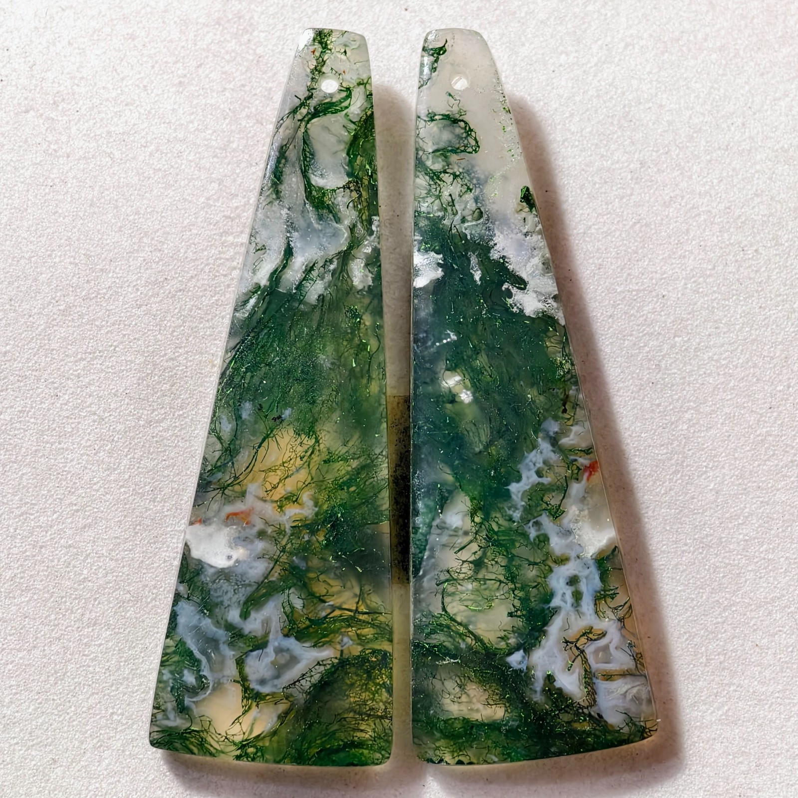 47 Cts Natural Moss Agate Drilled Match Pair Cabochon Gemstone 46.9 X 15.4 MM