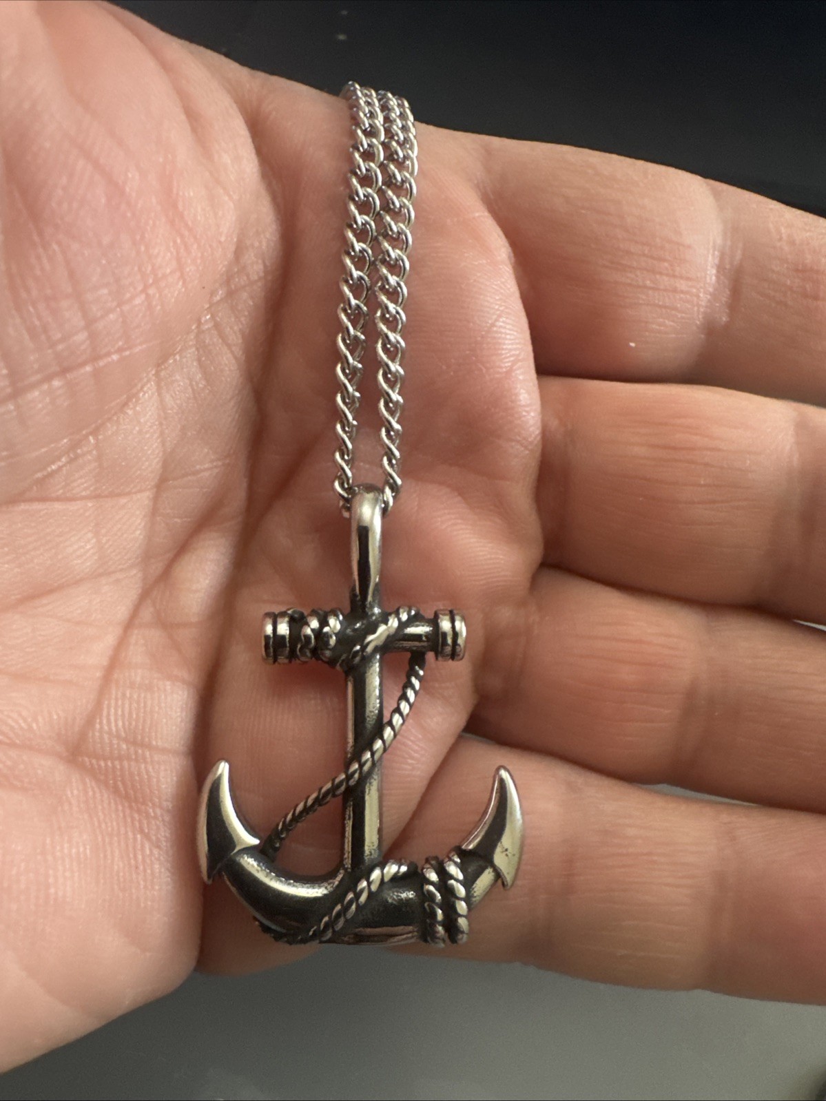 Men’s Silver Stainless Steel Nautical Anchor 45mm Charm Pendant Chain Ocean Sea