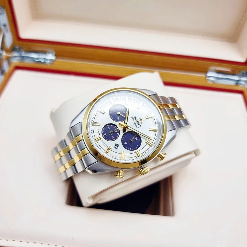 Orient Stretto Solar Chronograph Men’s Watch White Dial Gold Silver Steel Strap
