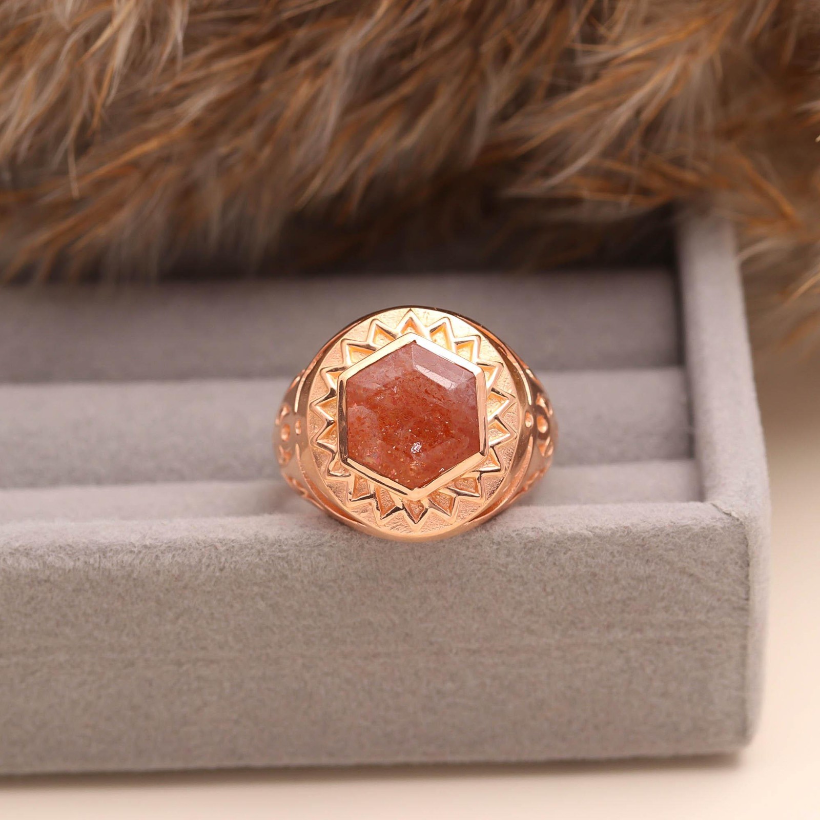 Natural Red Strawberry Hexagon Ring Rose Gold Fill 925 Sterling Silver Jewelry