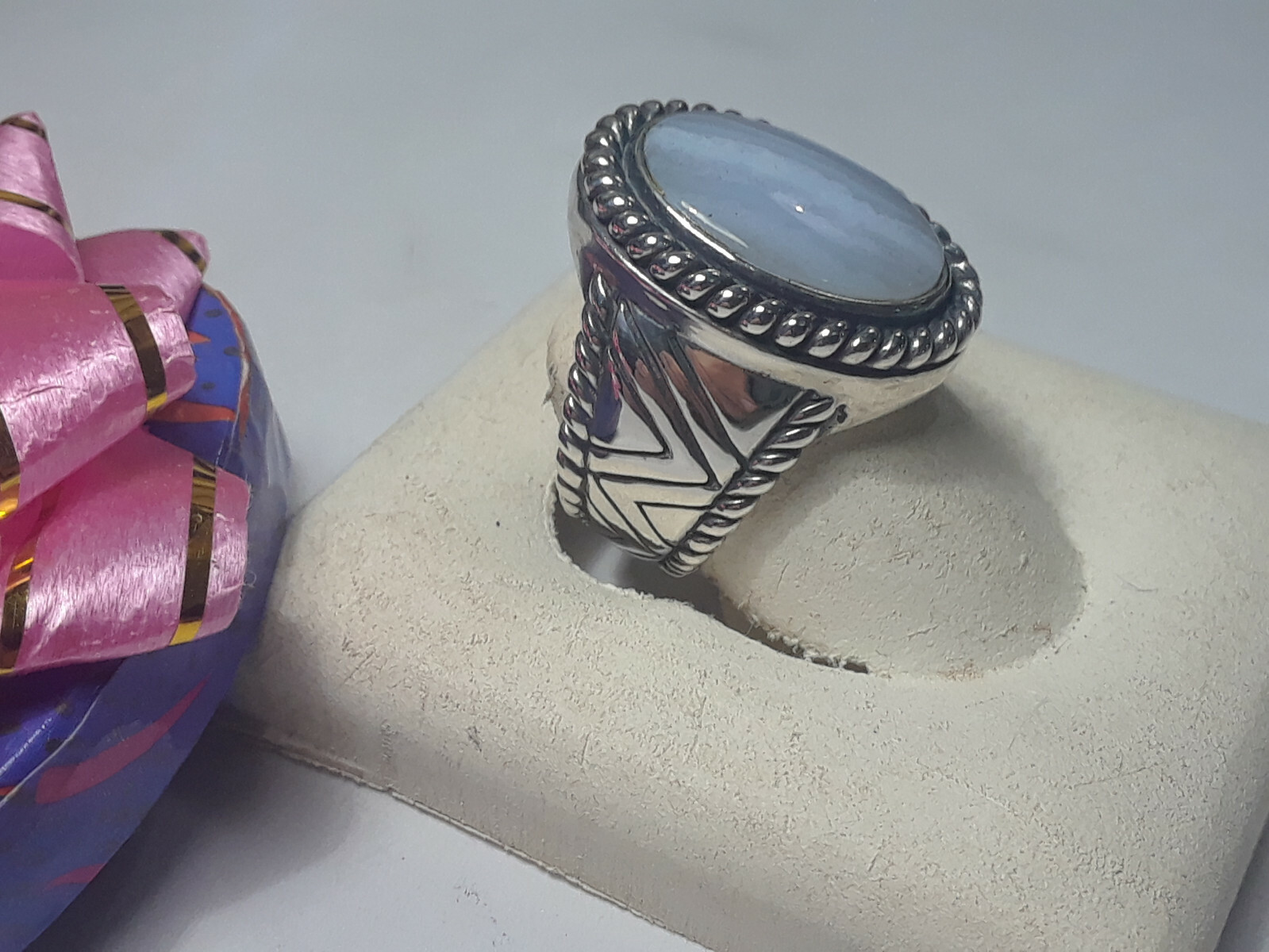 Vintage Natural Lacey Agate Bezel Rope Edge & Sides Sterling Silver Ring #10152