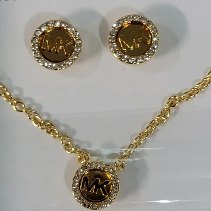 MICHAEL KORS MK Logo Gift SET Gold Necklace & Earrings Crystals MKJ7810710 + BOX