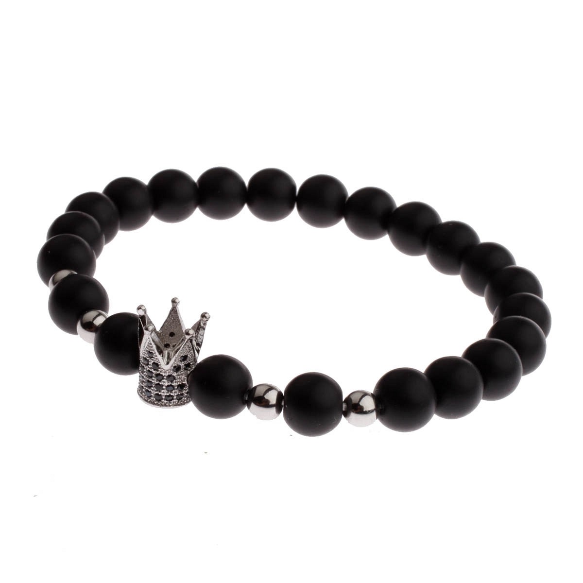 Gorgeous Crown Natural Stone Matte Black Charm Men’s CZ Copper Bead Bracelet