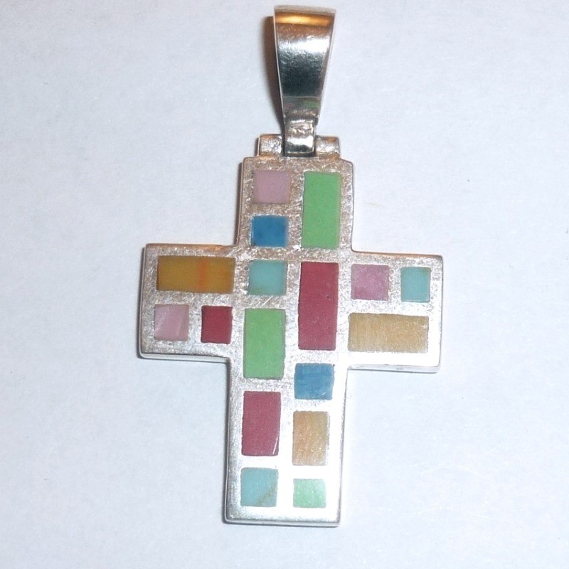 Vintage Sterling Silver Multi-Stone Inlay Cross Pendant Southwestern Jewelry