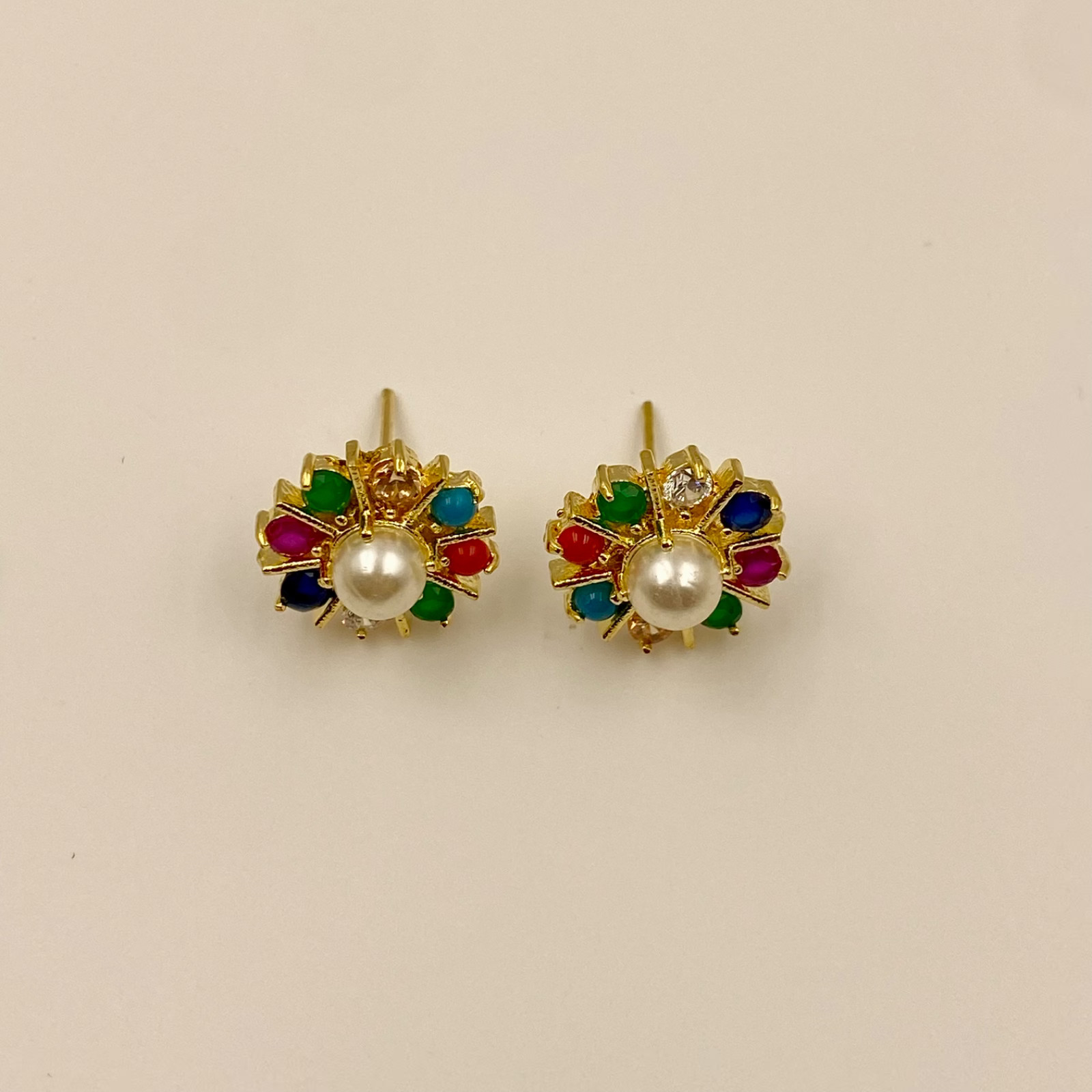 Handmade Turquoise, Coral & Pearl Gem Stud Earrings Set | Gold Plated Jewelry