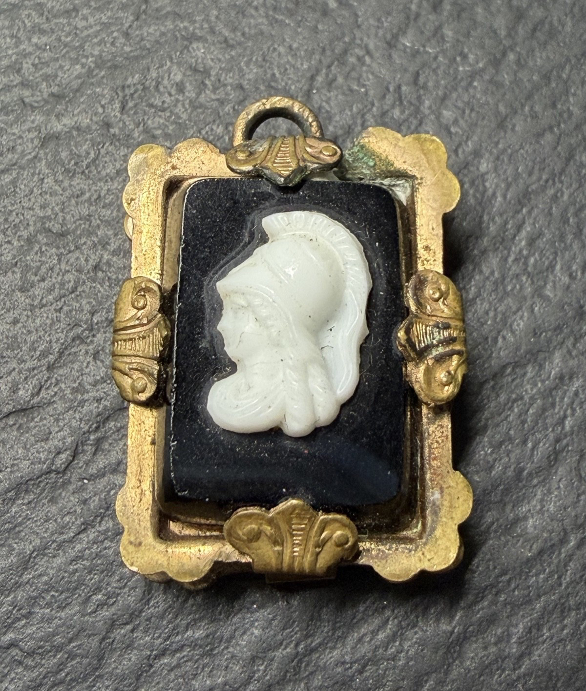 ANTIQUE METAL FOB / PENDANT WITH BLACK & WHITE PROFILE N885