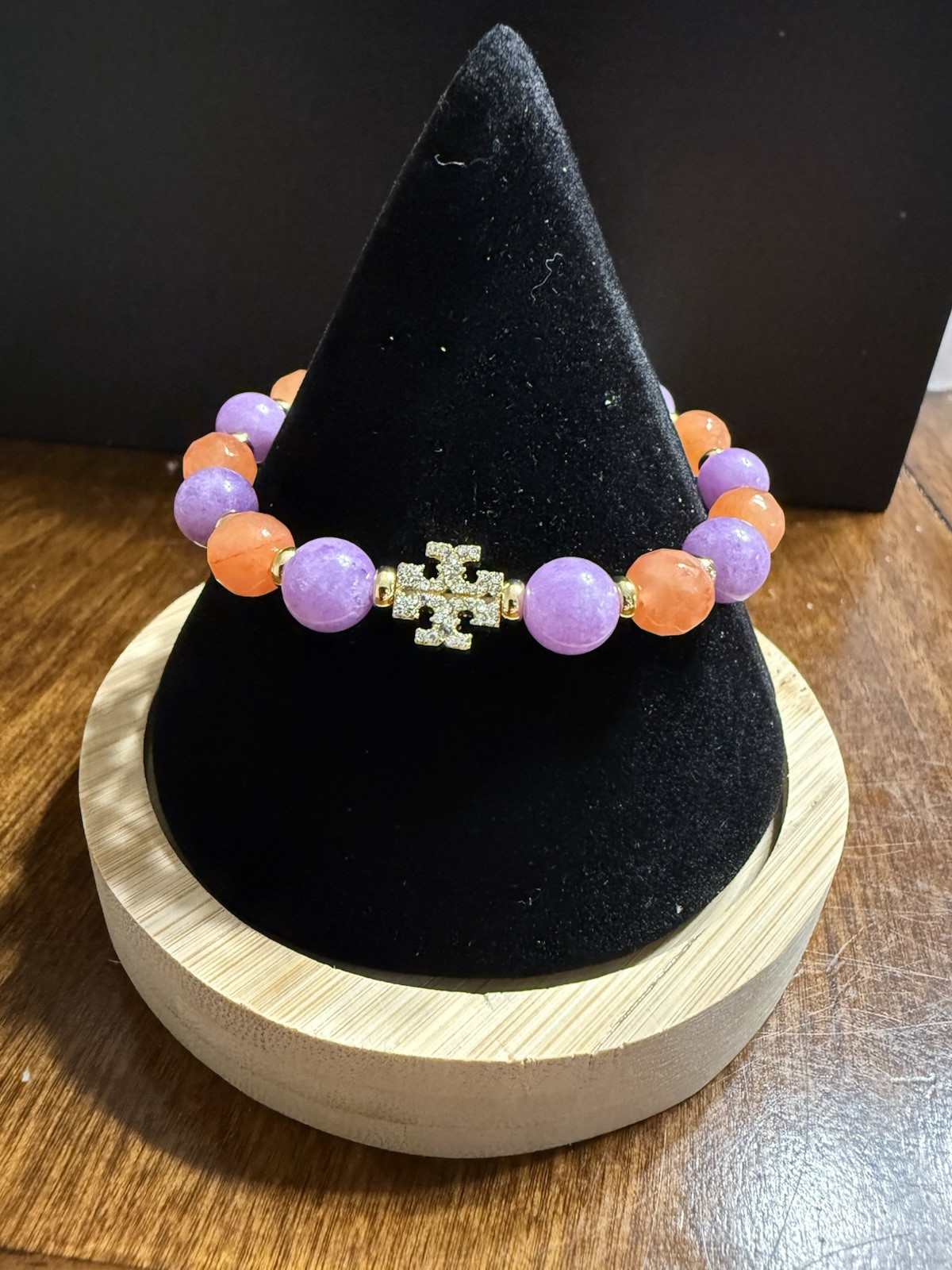 RARE NEW Tory Burch Gold Logo Beaded Beads Purple Orange Boho Bracelet