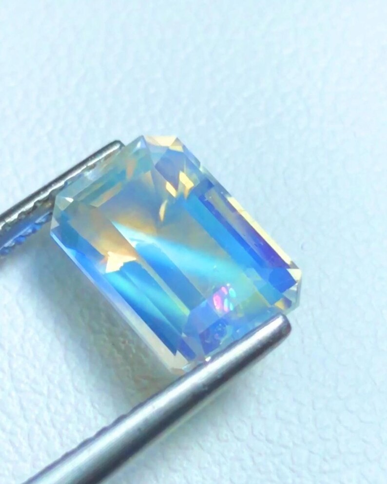 Natural Rainbow Moonstone Emerald Cut Loose Gemstone From Madagascar 3.29 Ct