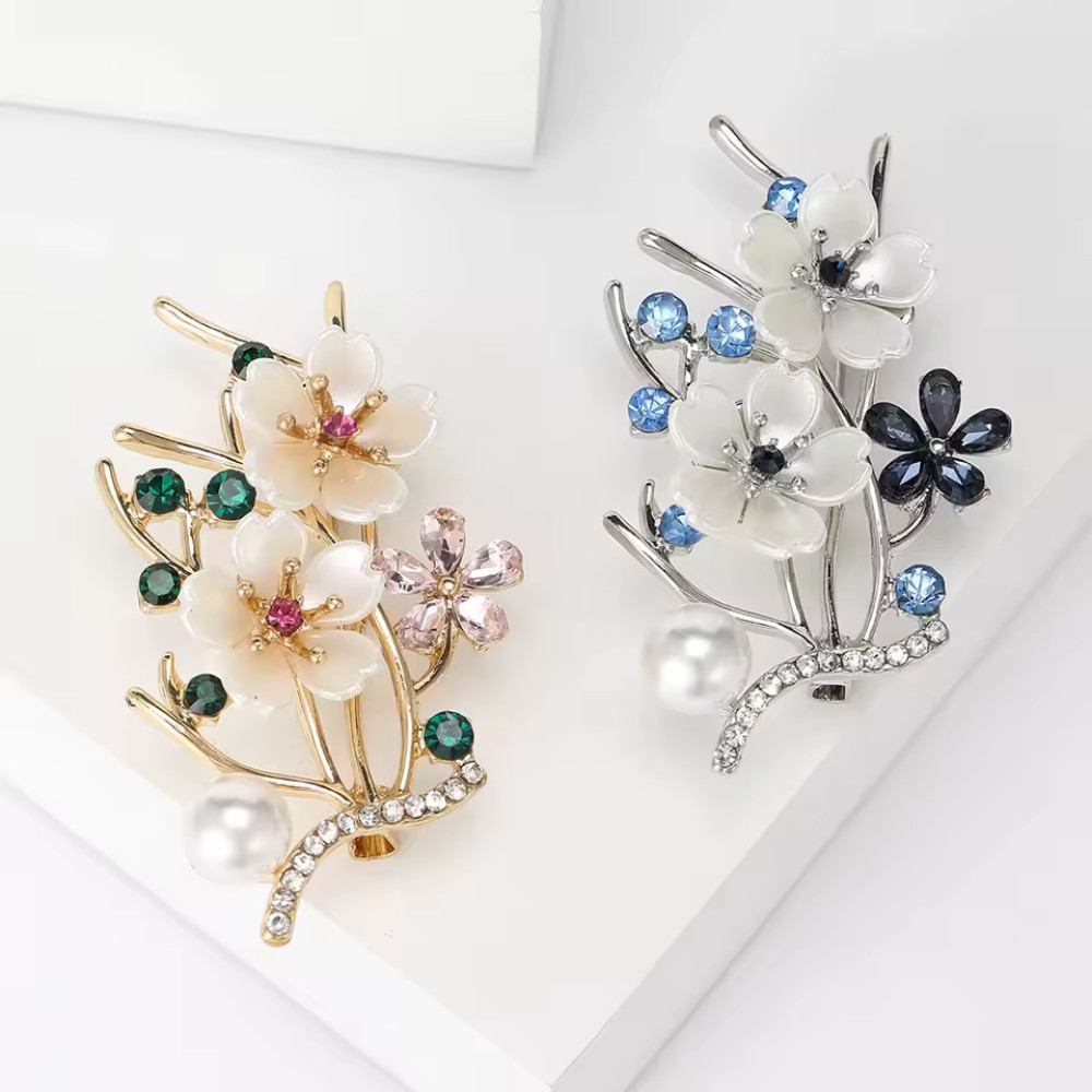 Luxury Blue Rhinestone Plum Flower Brooch Silver Pin Spring Summer Jewelry Gift