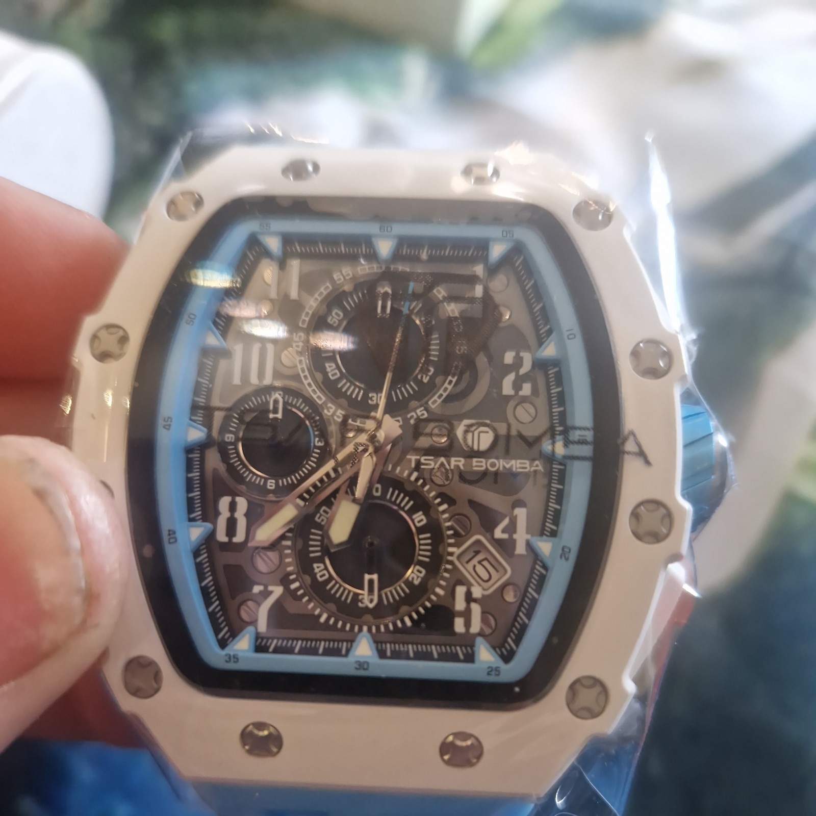 Tsar Bomba Elemental Chrono Watch Men 45mm Skeleton Dial White Blue TB8204B