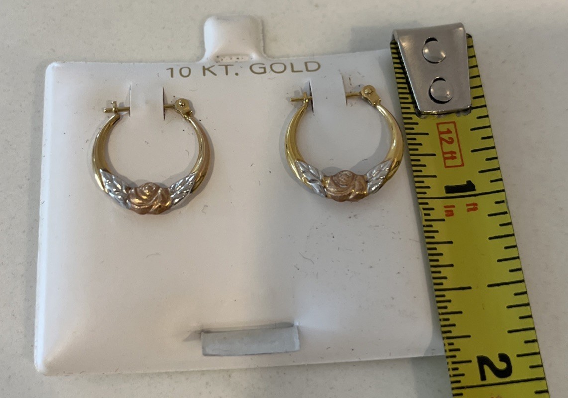 10K Yellow White Rose Gold Petite Hoop Earrings Floral Design Made Bolivia VTG