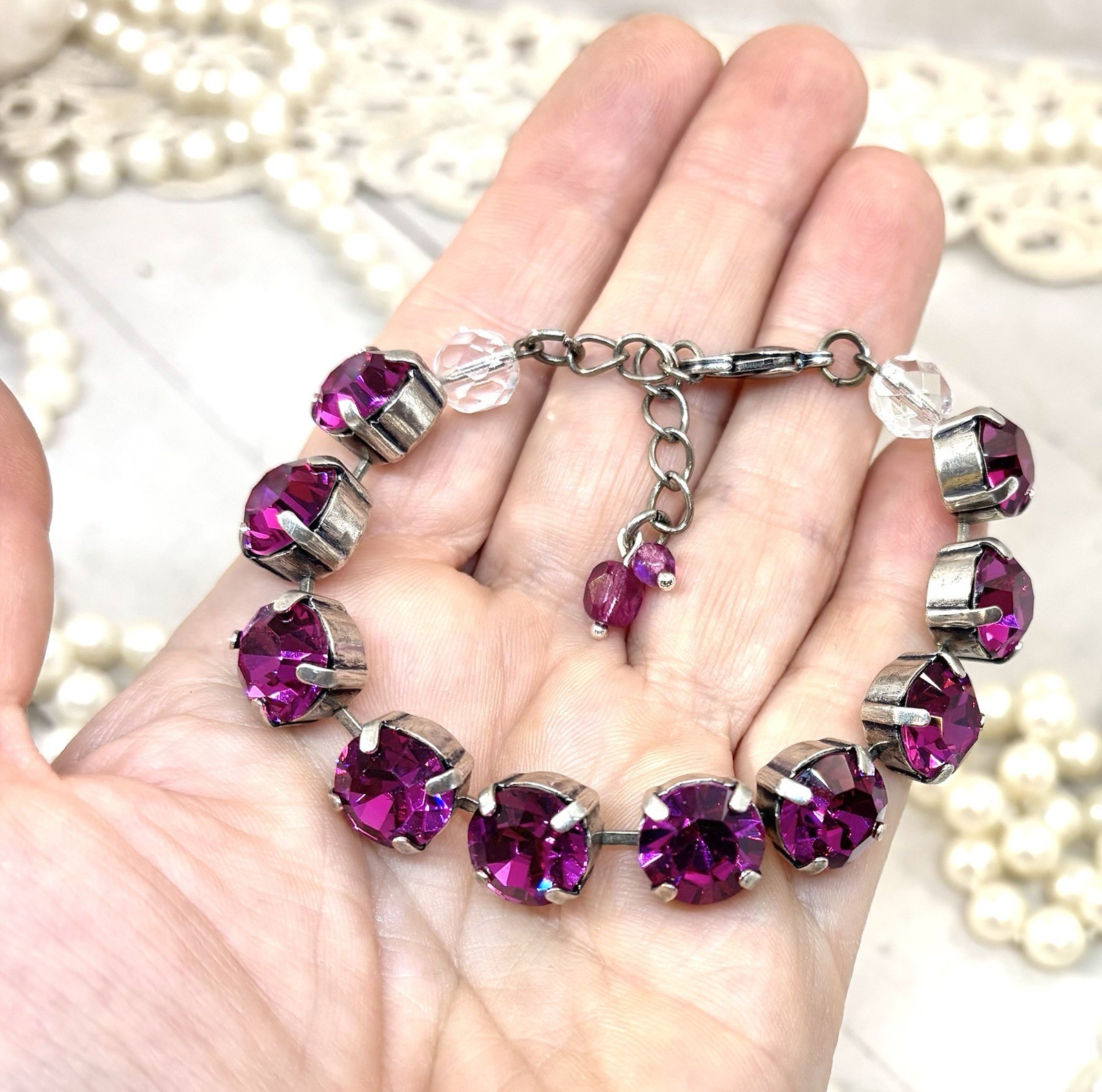 10mm Antique Silver Plated Fuchsia Pink Cup Chain Statement Bracelet