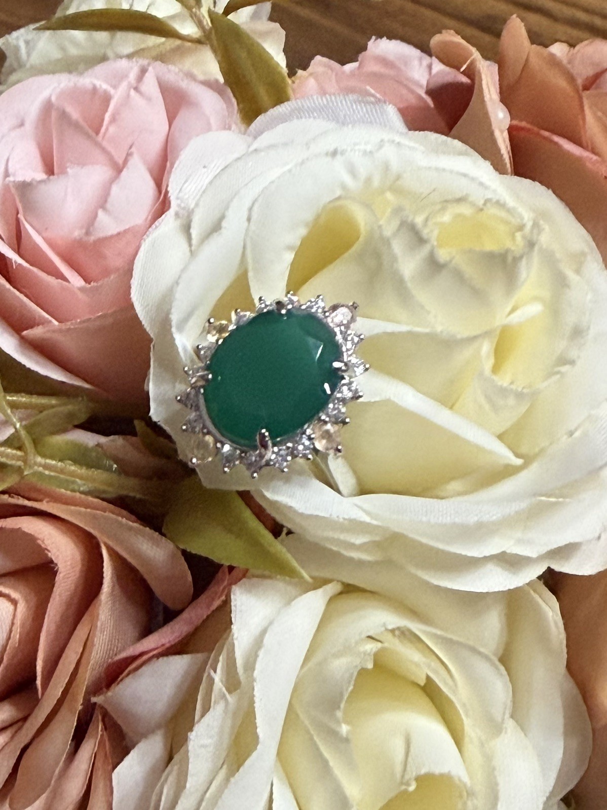 Stunning Natural Green Agate 4CT Sapphire & Zircon 925 Sterling Silver Ring Sz 6