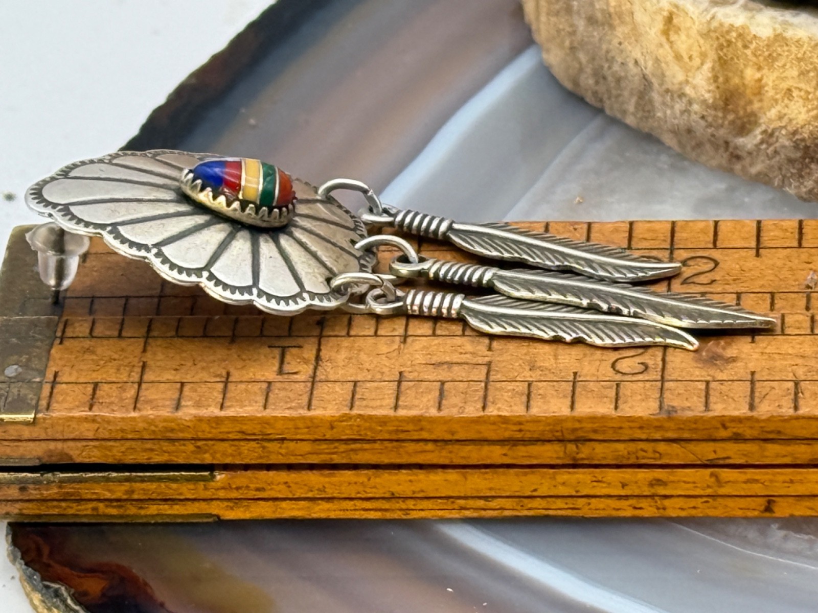 Wheeler Manufacturing Sterling MultiStone Inlay Concho Feather Earrings-2362.25