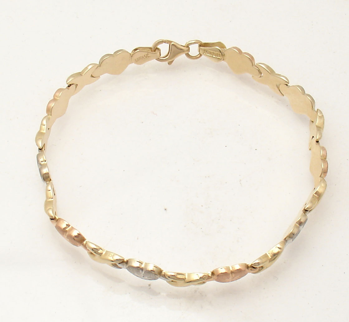7″ Hearts & Kisses Bracelet 10K Yellow White Rose TriColor Gold Plated Silver