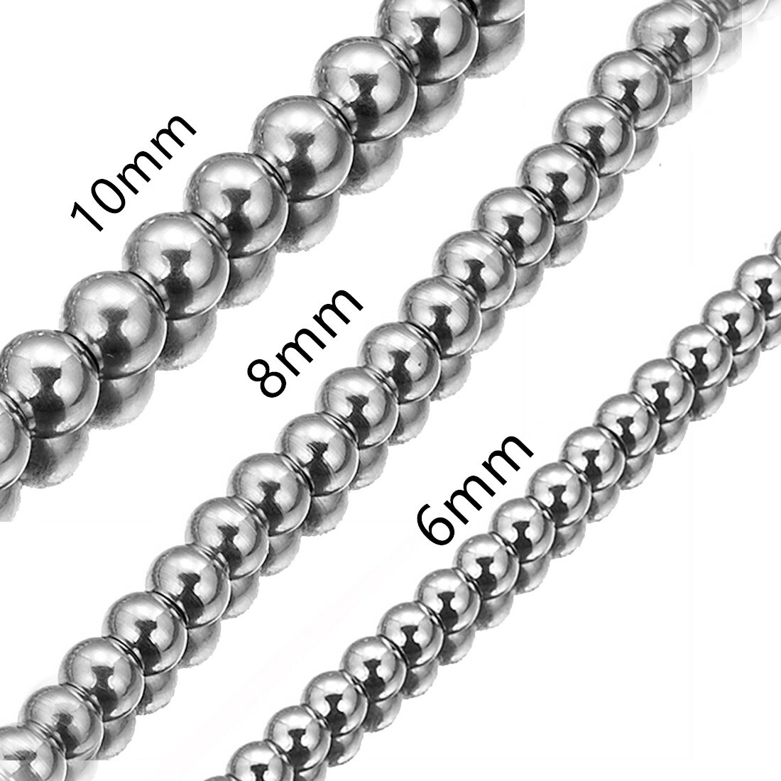 6/8/10mm Women Men’s 316L Stainless Steel Rosary Beads Chain Necklace 16-40inch