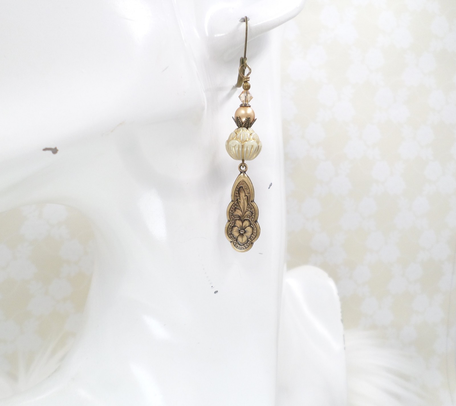 Victorian Floral Brass Earrings, Cream Acrylic Bead Handmade Dangle Jewelry