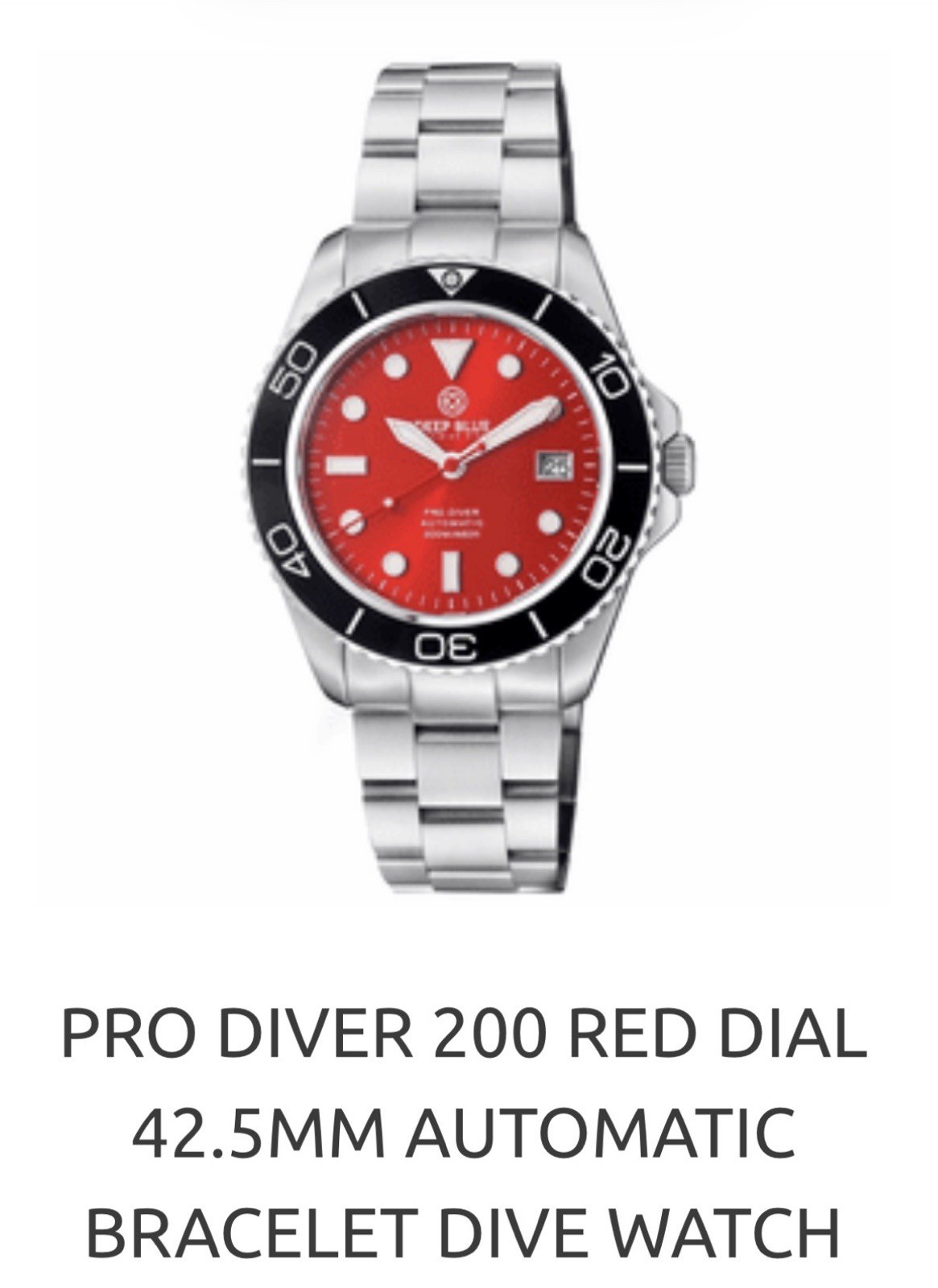Deep Blue PRO DIVER 200 42.5MM AUTO DIVE WATCH-RED -NEW‼️