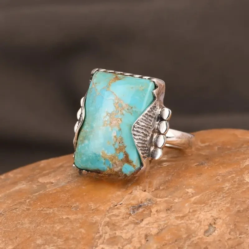 Boho 925 Sterling Silver Elegant Charms Vintage Turquoise Charms Ring Size 9