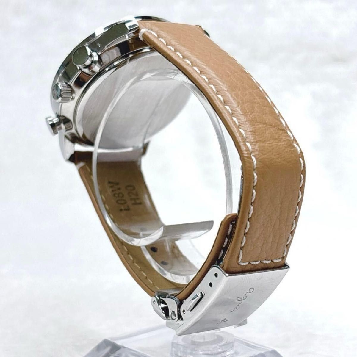 agnes b. SAM Solar Chronograph White Dial Men Leather Watch V172-0AW0