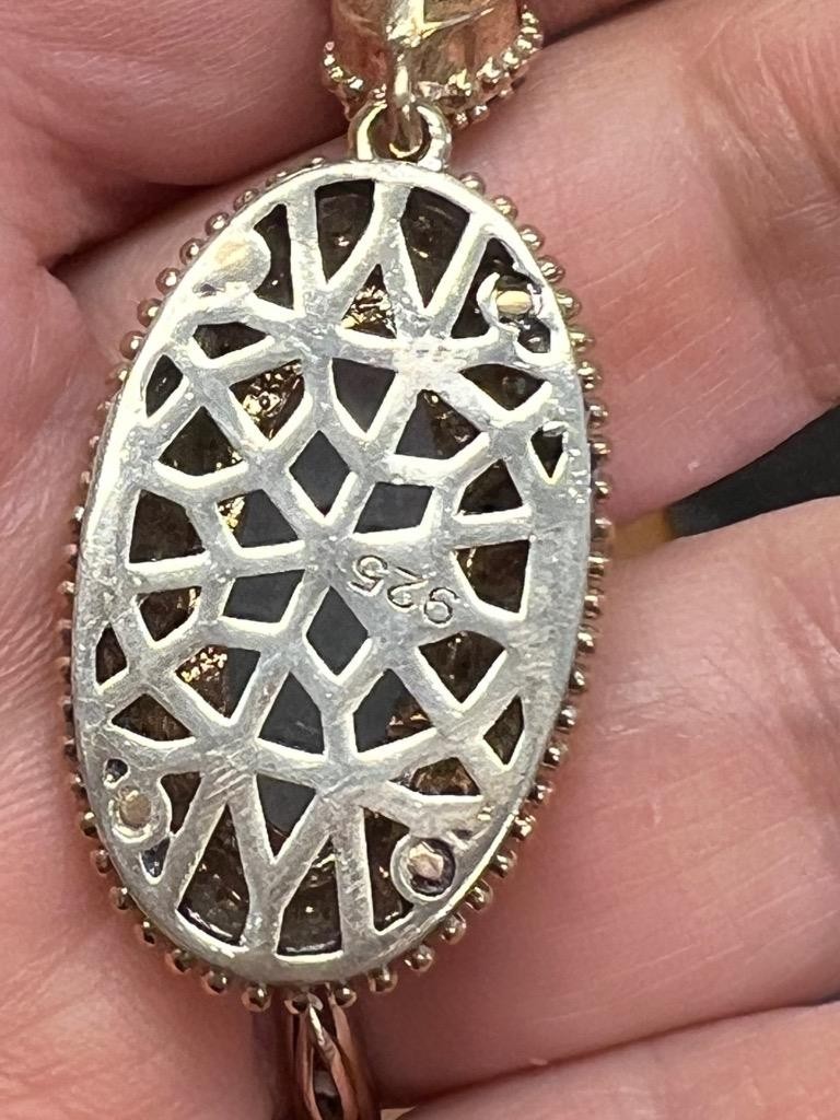 REAL Milky Aquamarine 14K Gold on SOLID 925 White Sapphire Victorian Rev Oblong