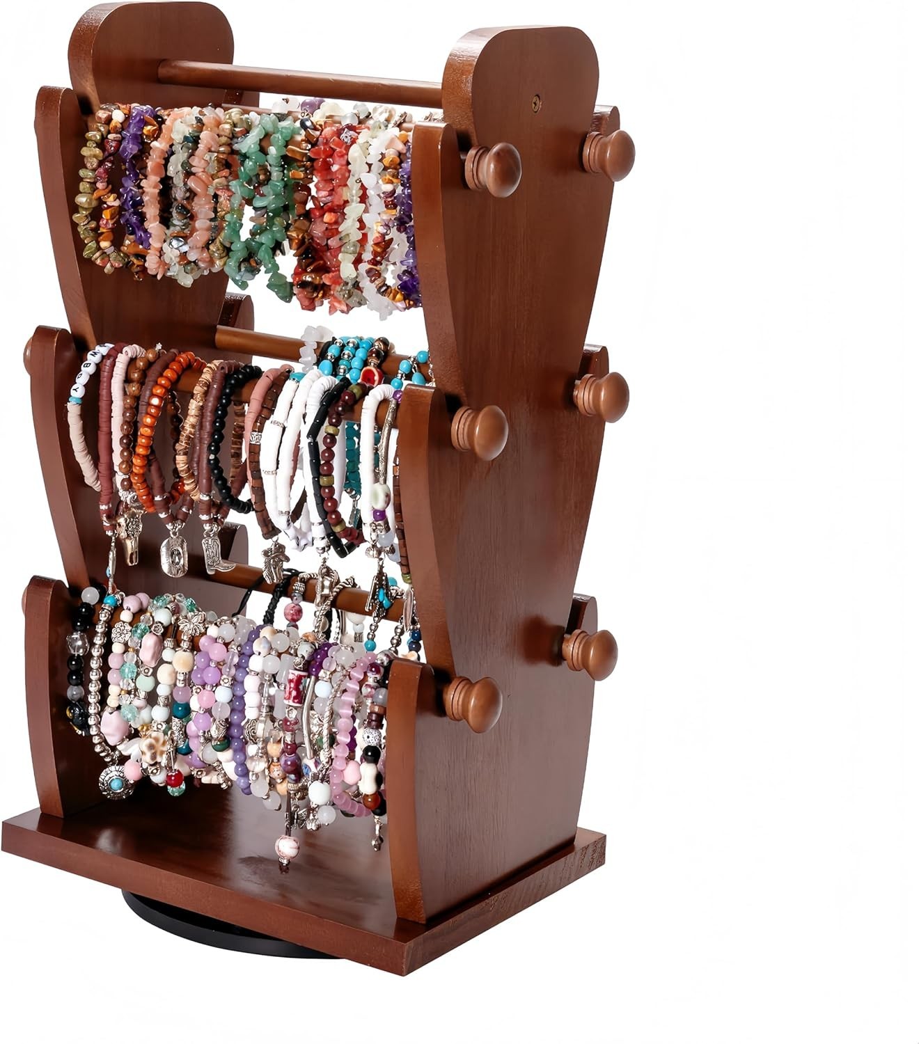 Two-Sided Rotating Wooden Jewelry Bracelet Holder Display Stand with 6 Remova…
