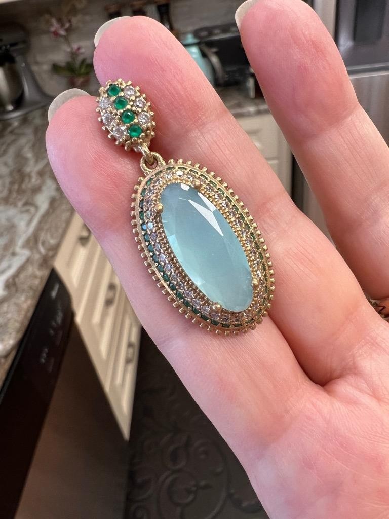REAL Milky Aquamarine 14K Gold on SOLID 925 White Sapphire Victorian Rev Oblong