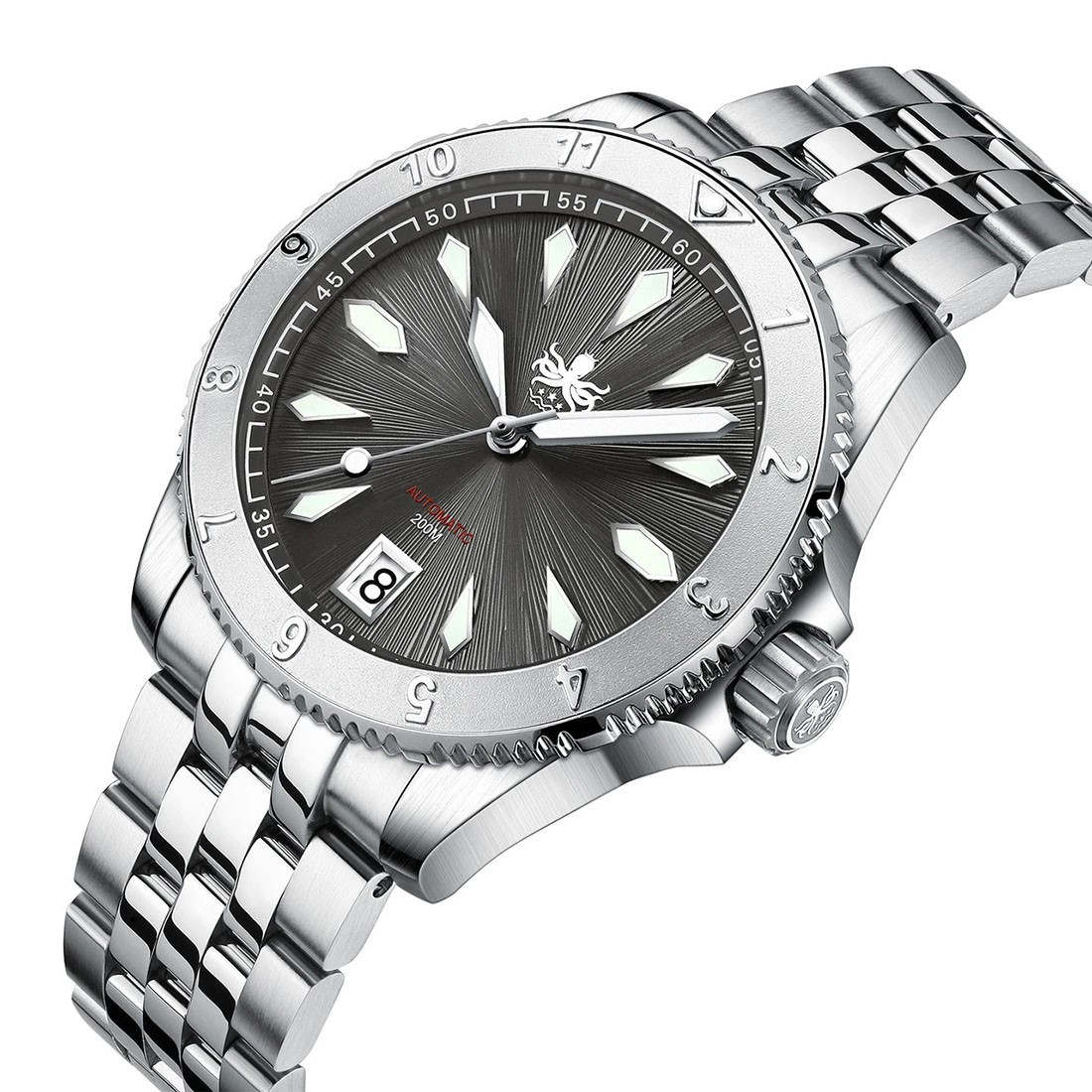 Phoibos Voyager 200M Steel Automatic Grey Sunray Diver Date Men’s Watch