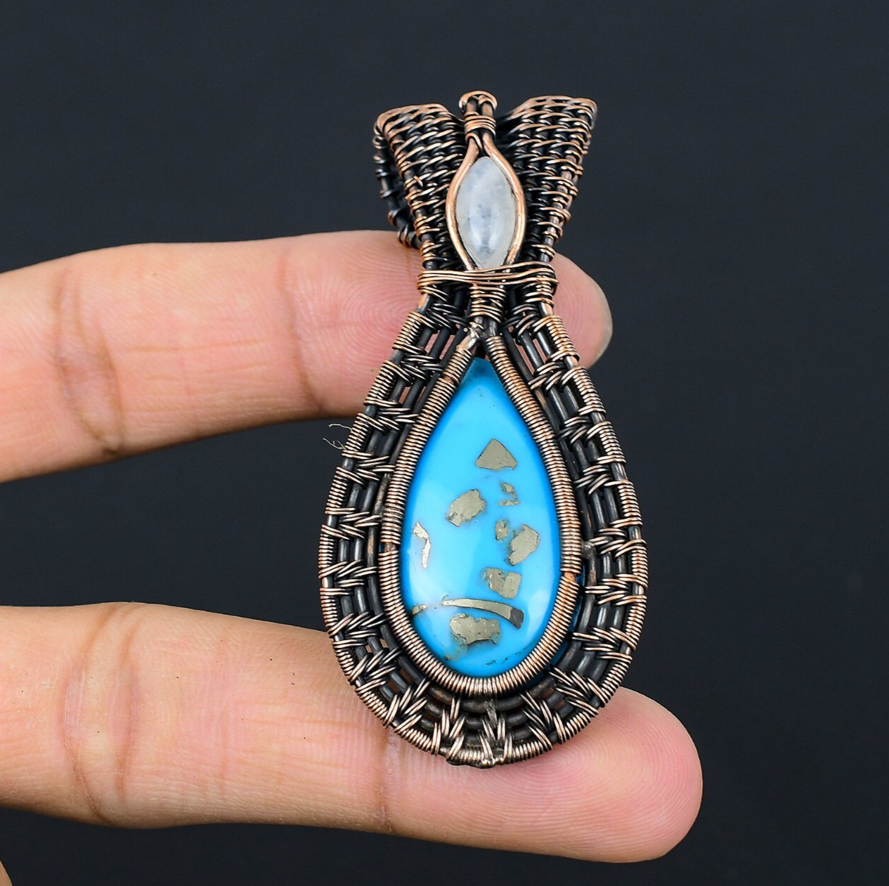 Irani Turquoise Handmade Gemstones Copper Wire Wrapped Unique Jewelry Pendant