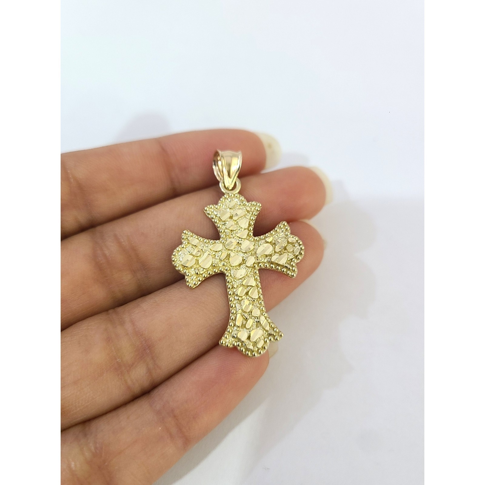 Real 10K Gold Nugget Cross Pendant 1.5″ Jesus Christ Charm Religious
