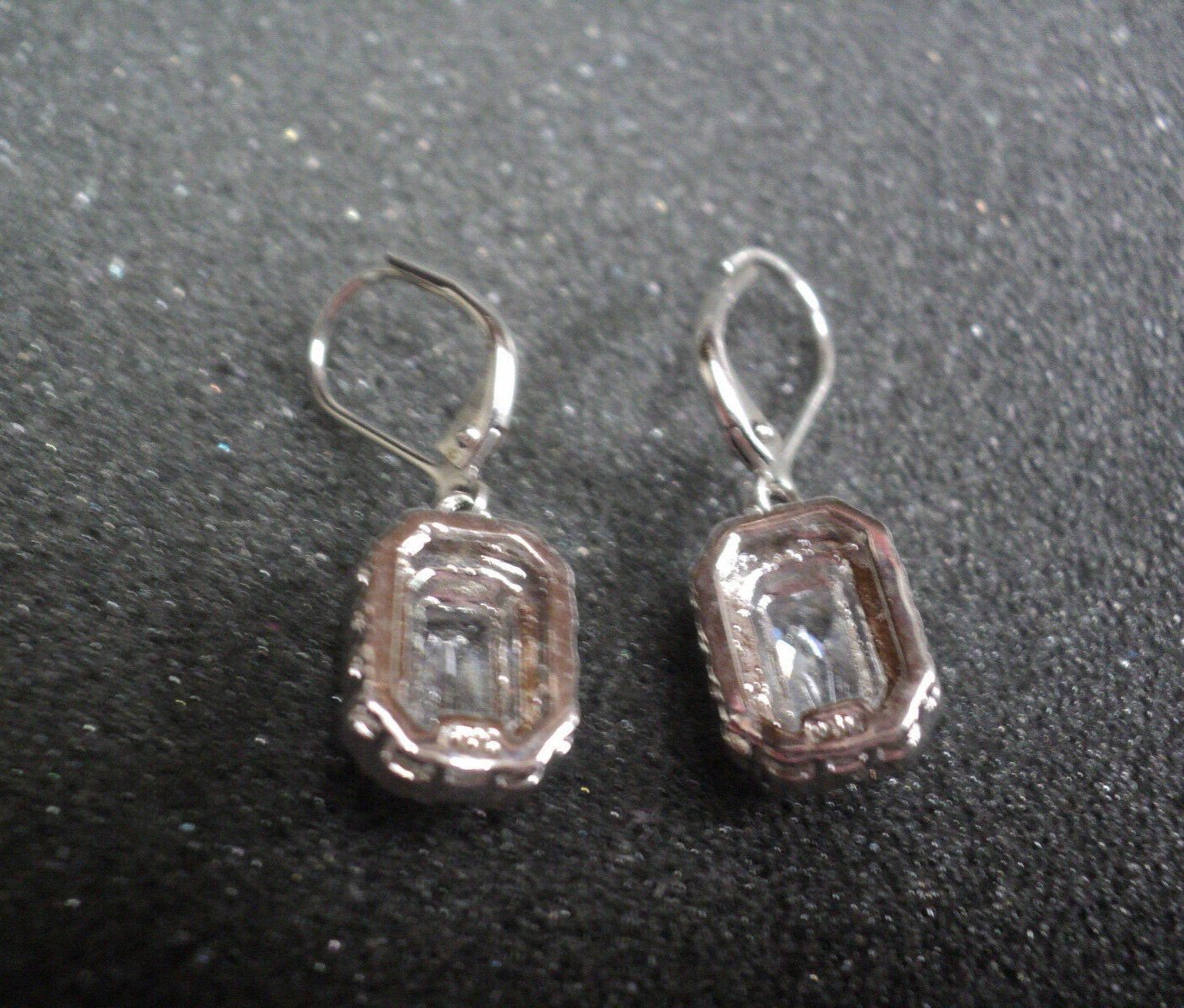 Emerald Cut Clear Earrings Pierced Lever Back 1/2″ L x 3/8″ W Silver-Toned Drop