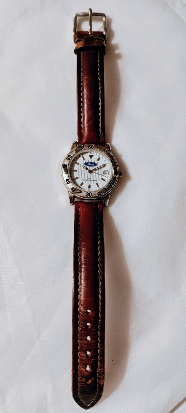 Ford Motor Company Quartz Analog Date White Logo Dial SS Brown Leather 30m