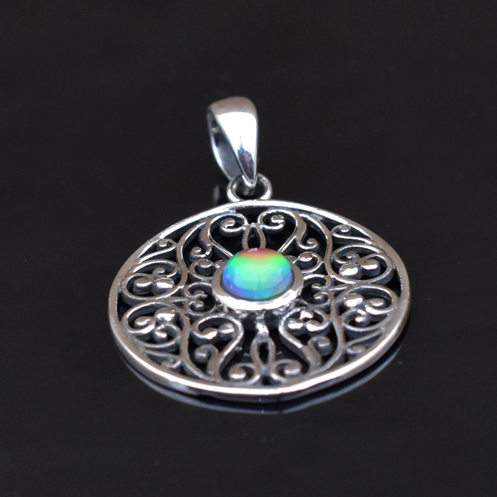 925 Sterling Silver Aurora opal Round Pendant, Handmade Boho Jewellery