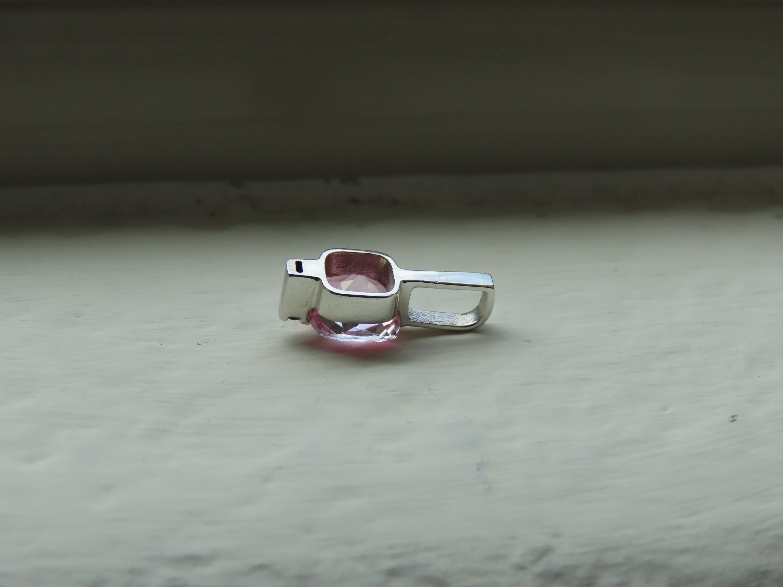 14K White Gold Cushion Cut Pink Topaz with .02 Diamonds Pendant
