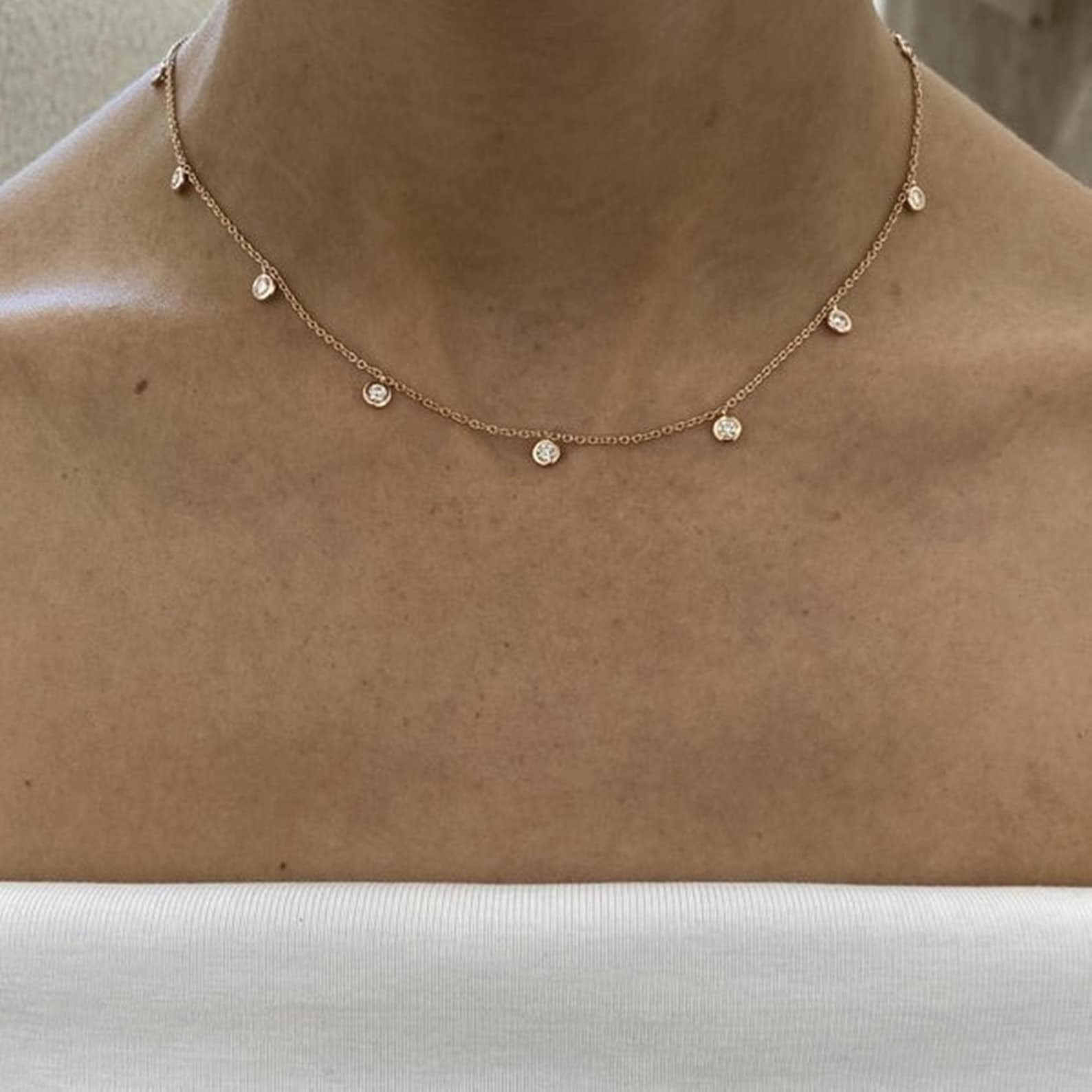 Festival Sale ! Round Natural Bezel Set Diamond Station Necklace 14k Yellow Gold