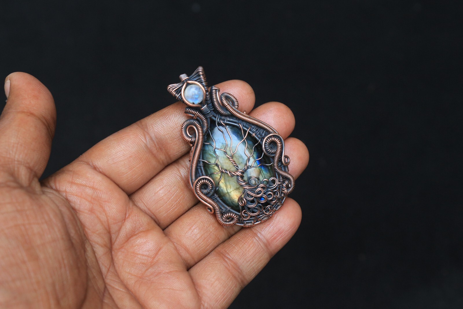 Yellow Fire Labradorite Copper Wire Wrap Tree Of Life Pendant Jewelry Gift NK547