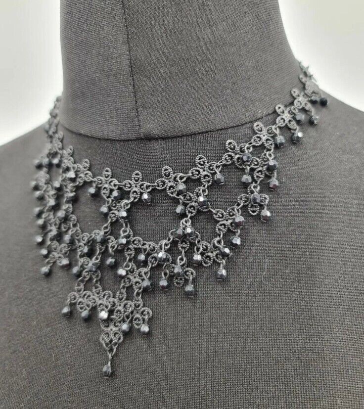 Black gothic metal bib necklace plastic bead steampunk Victorian vampire 24cm